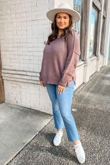 Brown Exposed Seam Side Slit Sweater