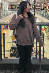 Brown Exposed Seam Side Slit Sweater