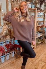Brown Exposed Seam Side Slit Sweater