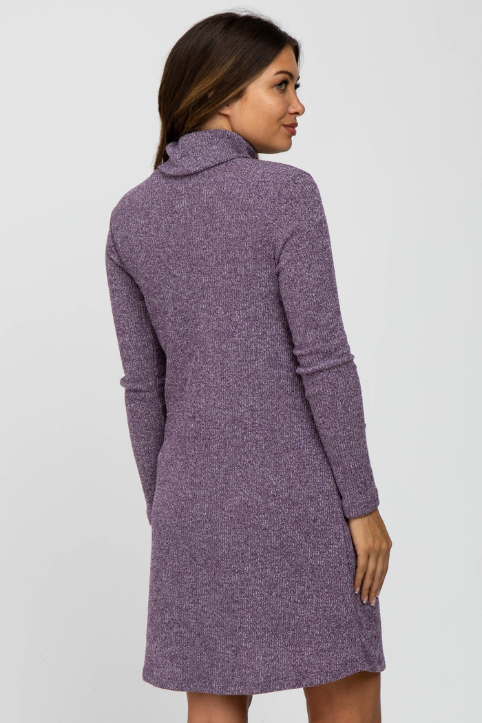 Purple Ribbed Turtleneck Maternity Dress