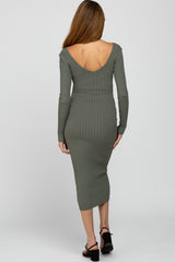 Light Olive V-Neck Long Sleeve Fitted Maternity Maxi Dress