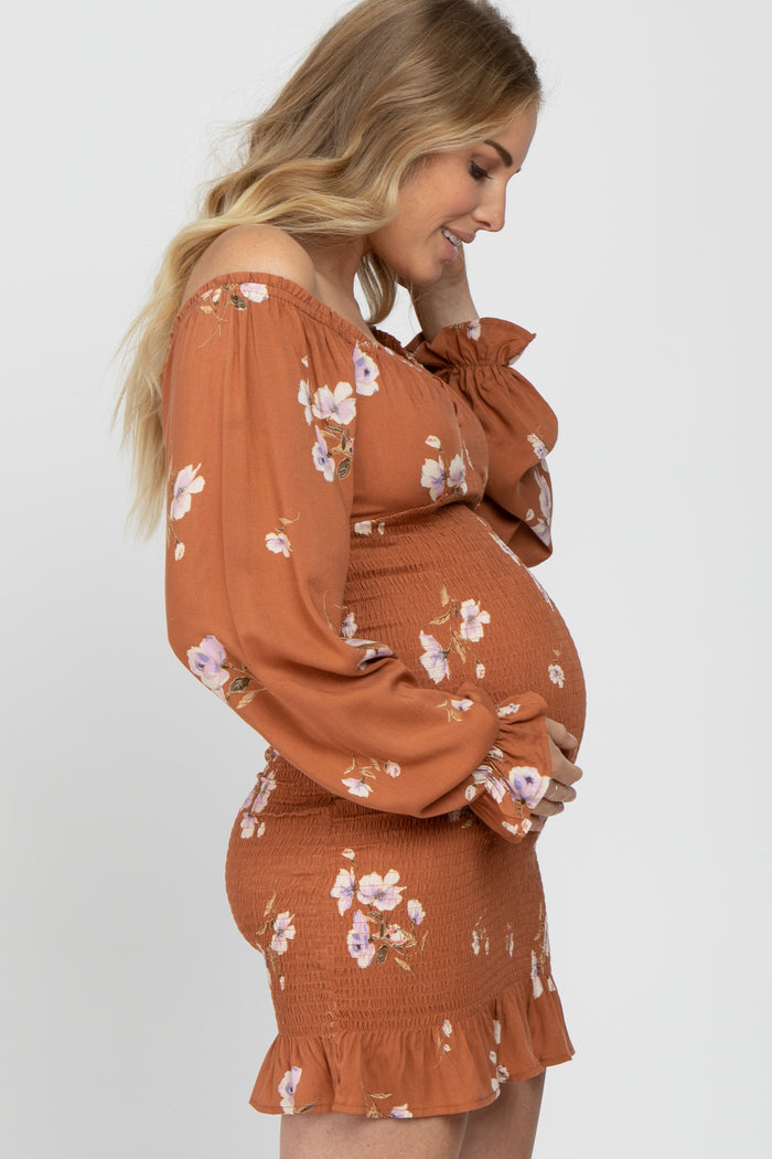 Camel Floral Long Sleeve Smocked Maternity Mini Dress