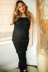 Black Satin Smocked Fitted Maternity Midi Dress
