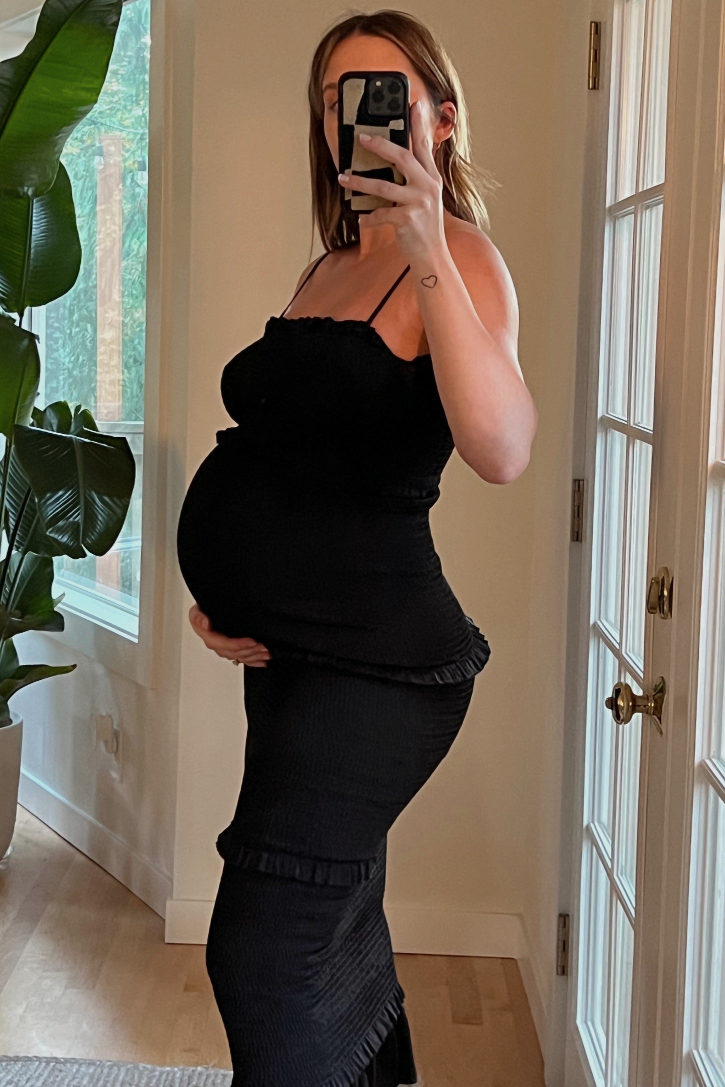 Black Satin Smocked Fitted Maternity Midi Dress