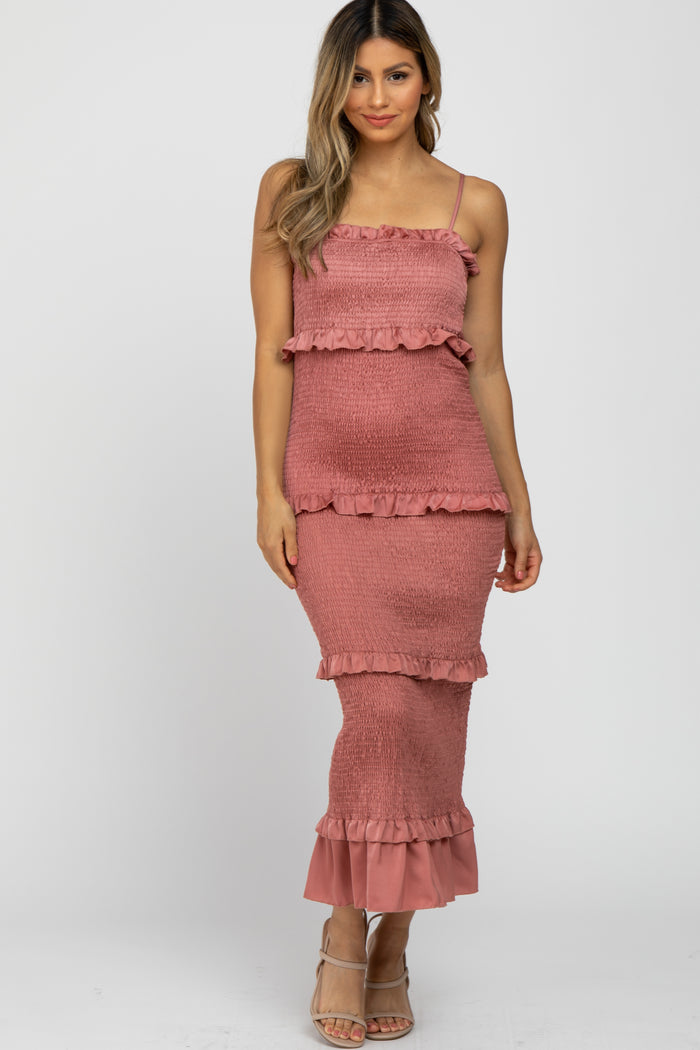 Mauve Satin Smocked Fitted Maternity Midi Dress