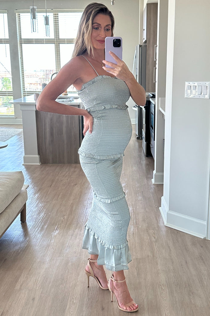 Sage Satin Smocked Fitted Maternity Midi Dress