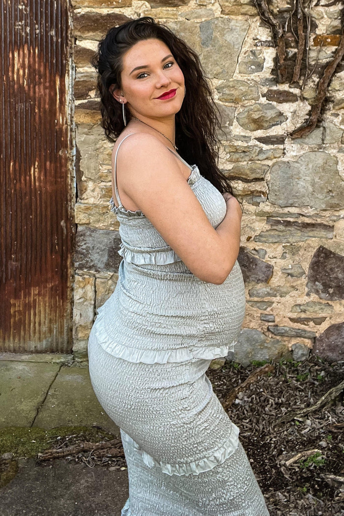 Sage Satin Smocked Fitted Maternity Midi Dress