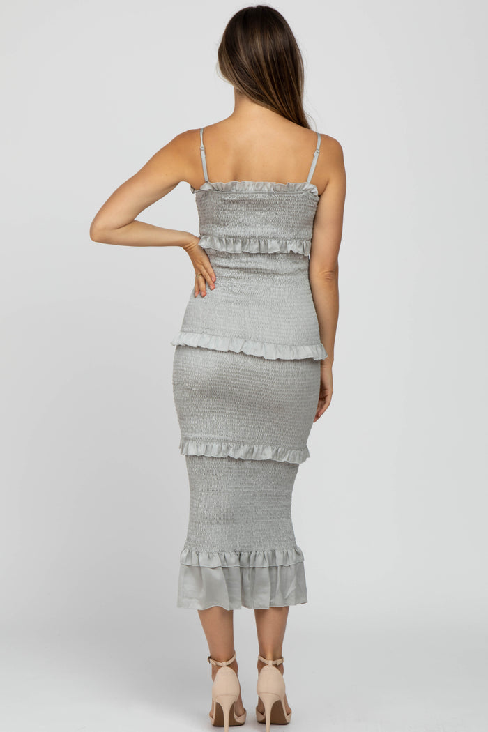 Sage Satin Smocked Fitted Maternity Midi Dress
