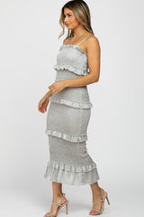 Sage Satin Smocked Fitted Midi Dress