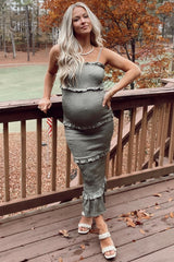 Olive Satin Smocked Fitted Maternity Midi Dress