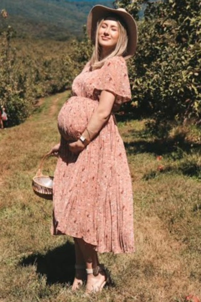 Light Pink Floral Pleated Short Sleeve Chiffon Maternity Midi Dress