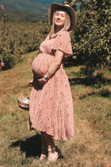 Light Pink Floral Pleated Short Sleeve Chiffon Maternity Midi Dress