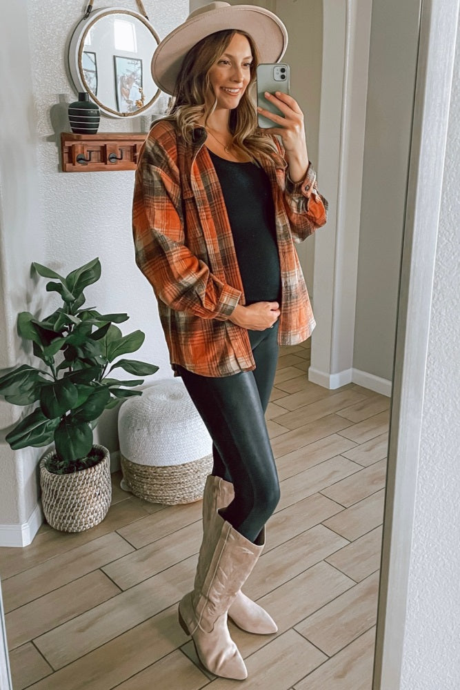 Rust Plaid Maternity Shacket