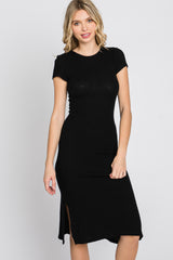 Black Brushed Ribbed Midi Dress