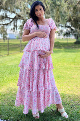 Pink Floral Square Neck Ruffle Layered Maternity Maxi Dress