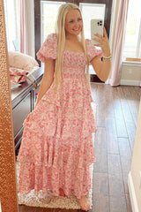 Pink Floral Square Neck Ruffle Layered Maxi Dress