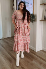 Pink Floral Square Neck Ruffle Layered Maternity Maxi Dress