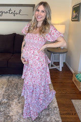 Pink Floral Square Neck Ruffle Layered Maternity Maxi Dress