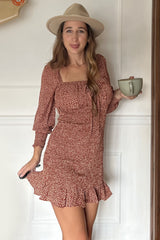 Rust Leaf Print Smocked Dress