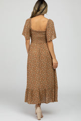 Camel Floral Smocked Square Neck Midi Dress