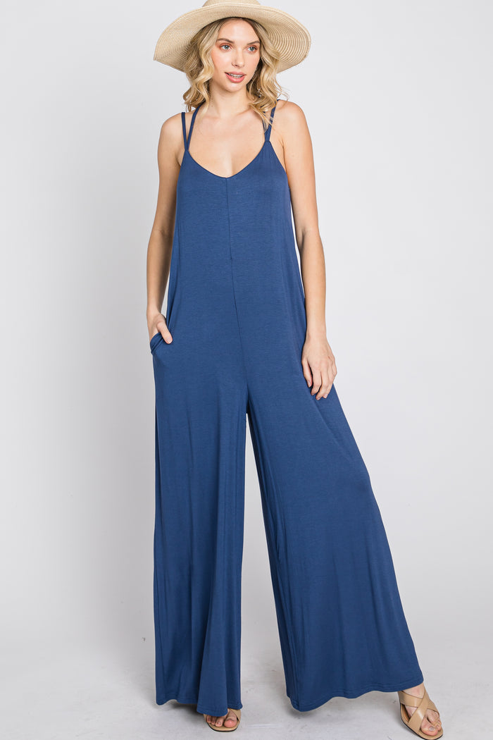 Blue Cross Back Wide Leg Maternity Jumpsuit
