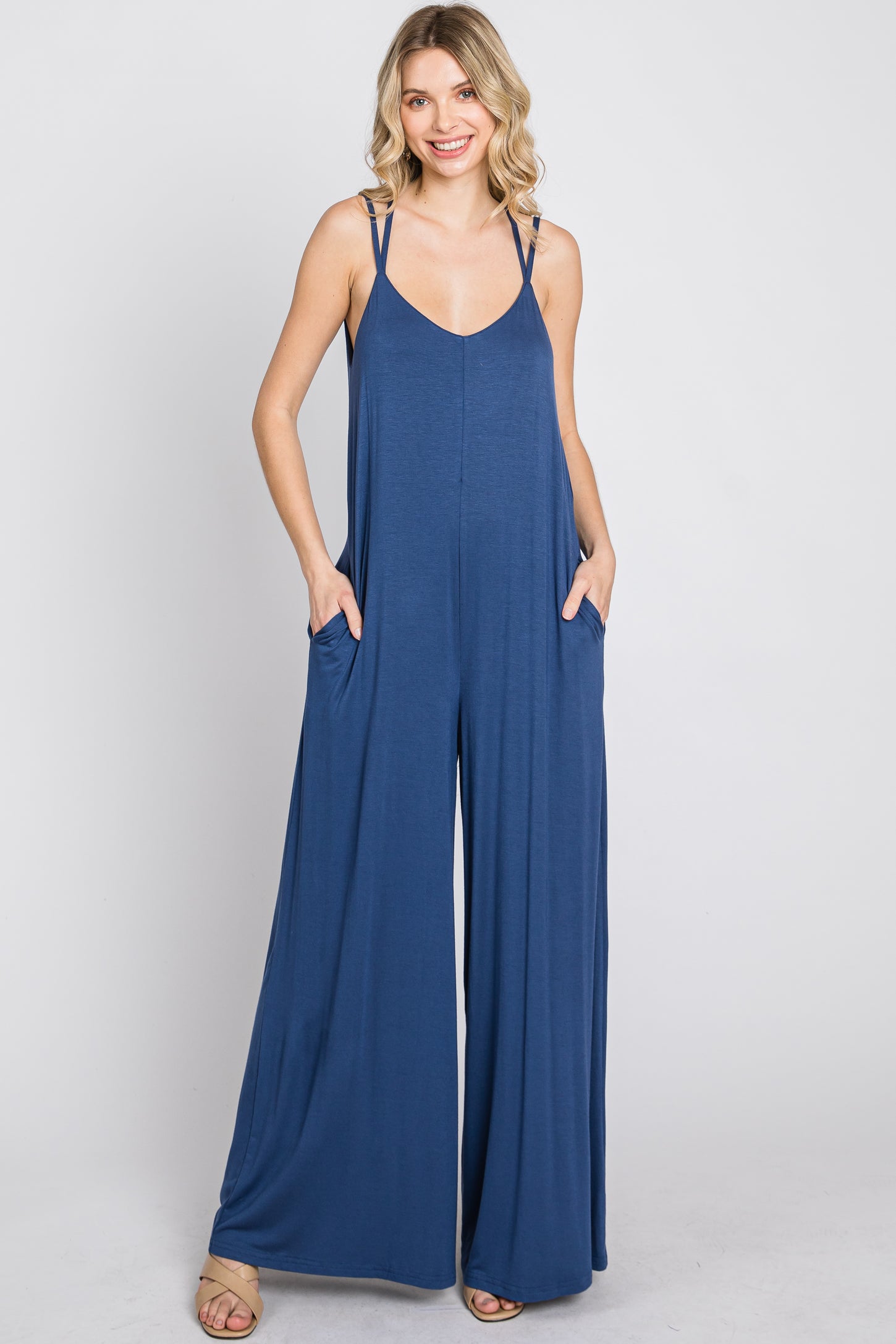 Blue Cross Back Wide Leg Jumpsuit