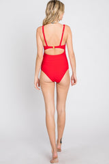 Red Ruched Sides Front Cutout One Piece Swimsuit
