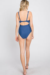 Navy Blue Ruched Sides Front Cutout One Piece Swimsuit