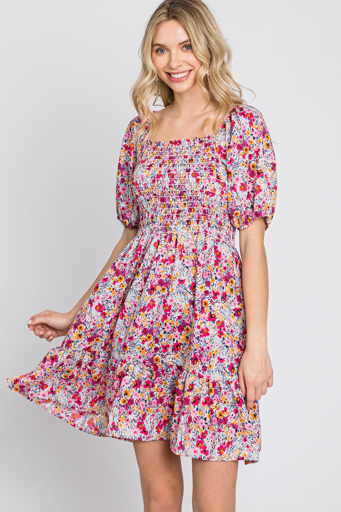 Fuchsia Floral Smocked Mini Dress