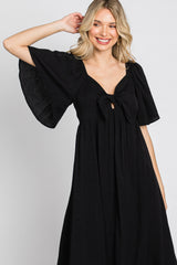 Black Front Tie Ruffle Sleeve Midi Dress