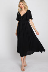 Black Front Tie Ruffle Sleeve Midi Dress