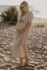 Beige Textured Dot Front Tie Ruffle Sleeve Maternity Midi Dress