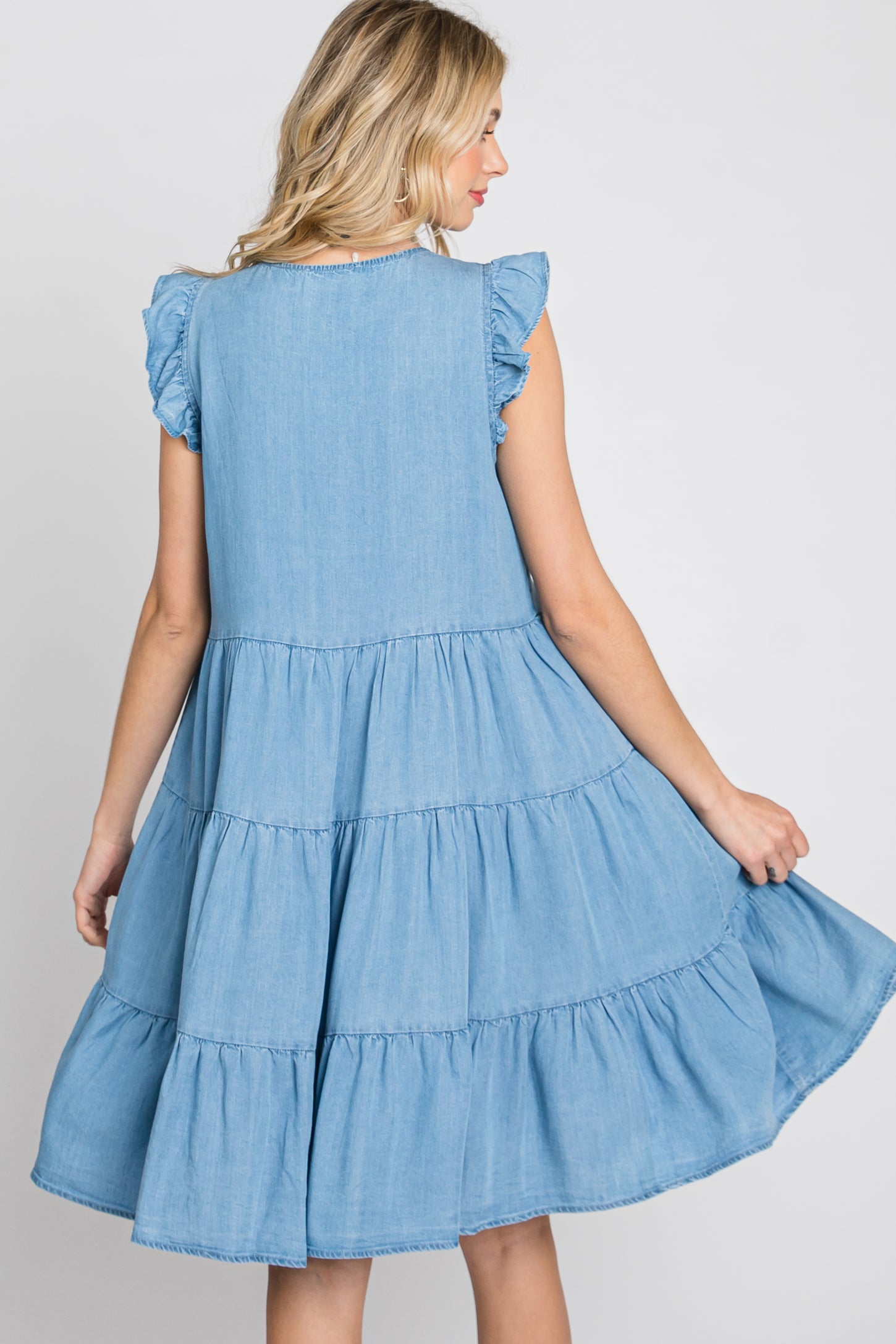 Light Blue Chambray Tiered Button Accent Dress