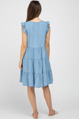 Light Blue Chambray Tiered Button Accent Maternity Dress