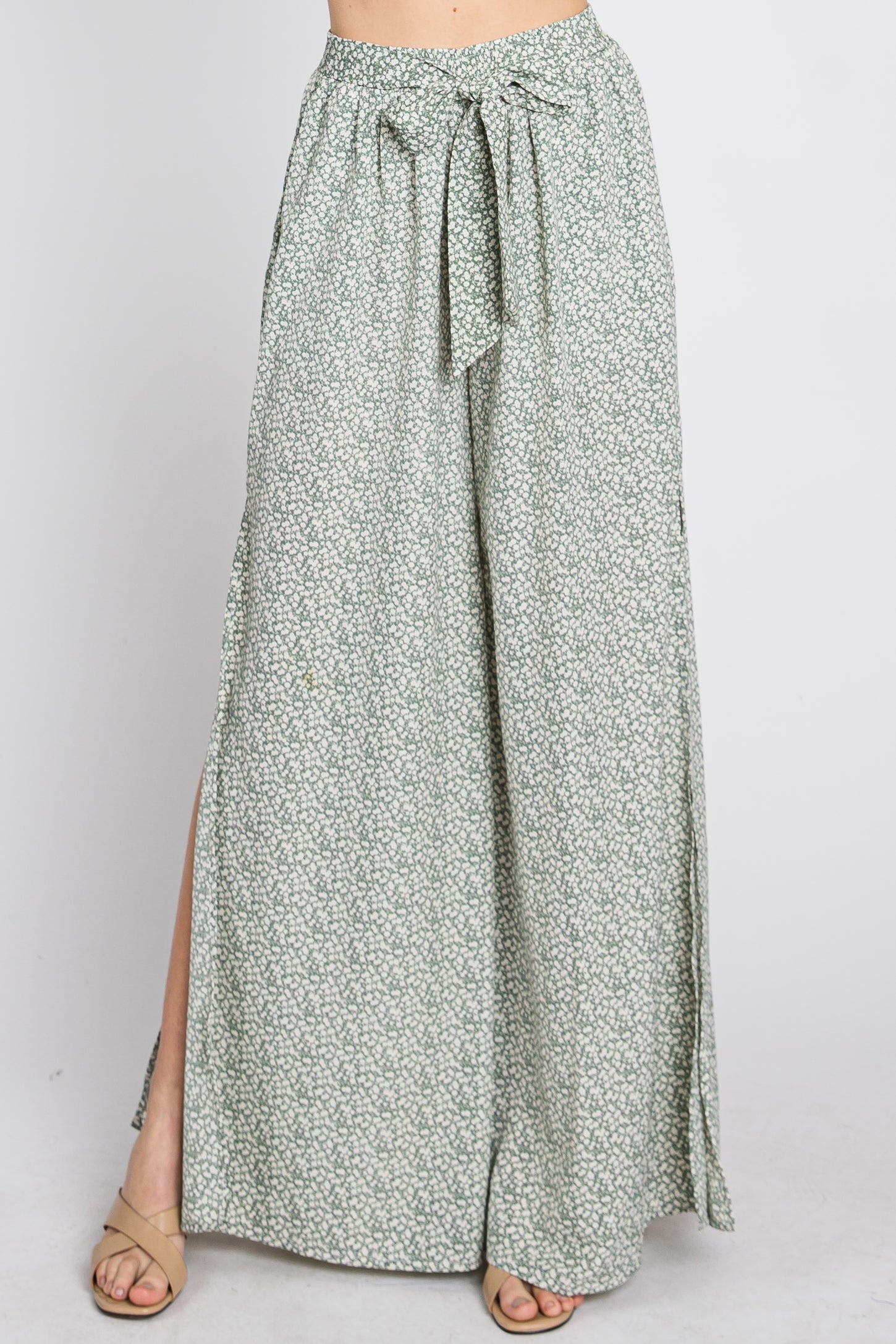 Light Olive Ditsy Floral Side Slit Pants