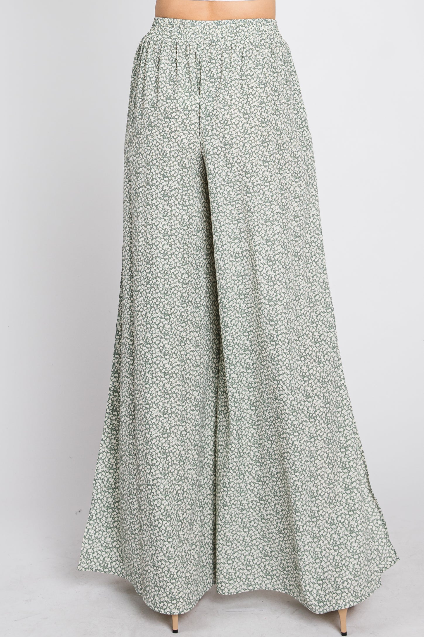 Light Olive Ditsy Floral Side Slit Pants