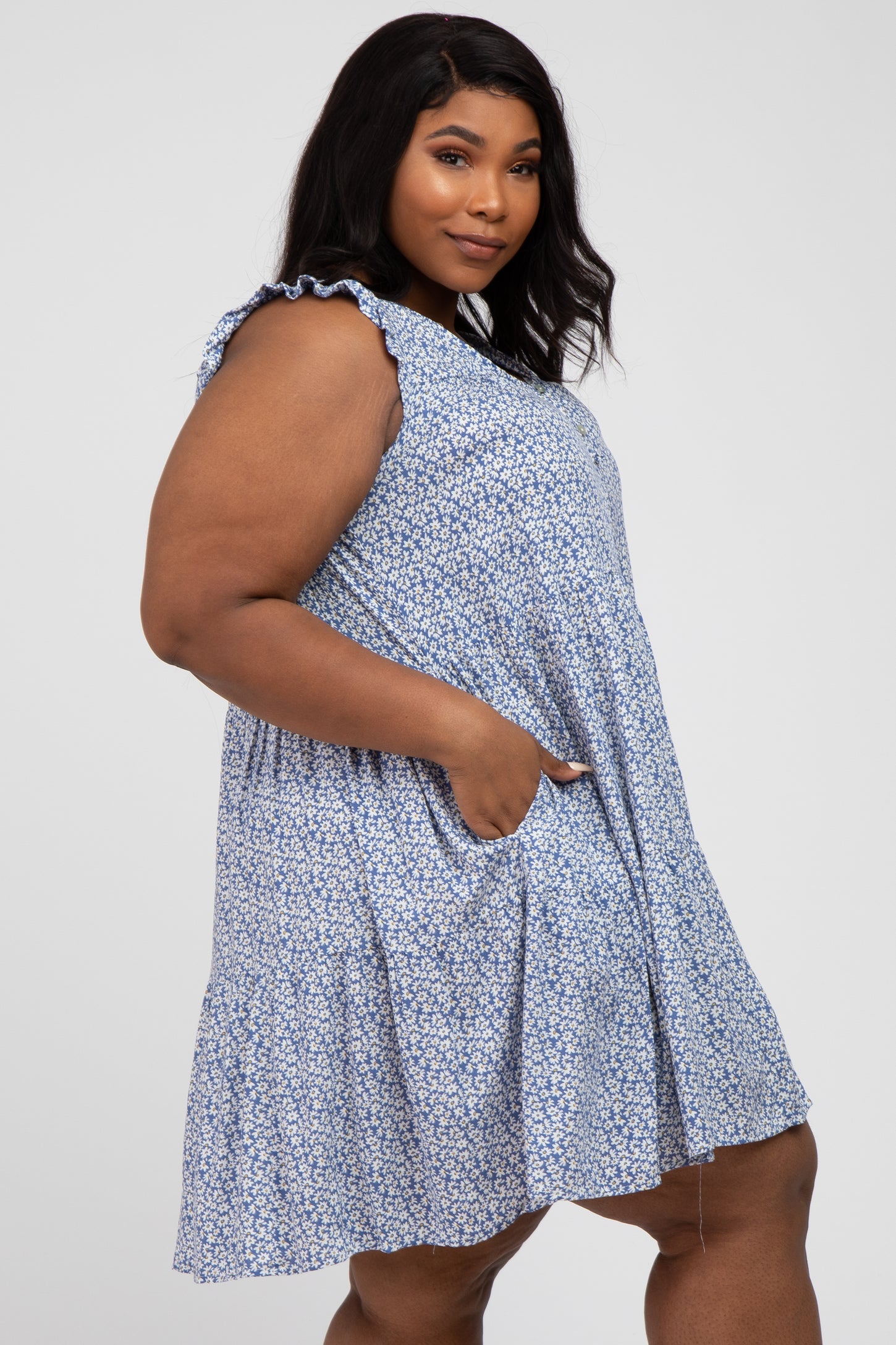 Blue Floral Button Front Tiered Plus Dress