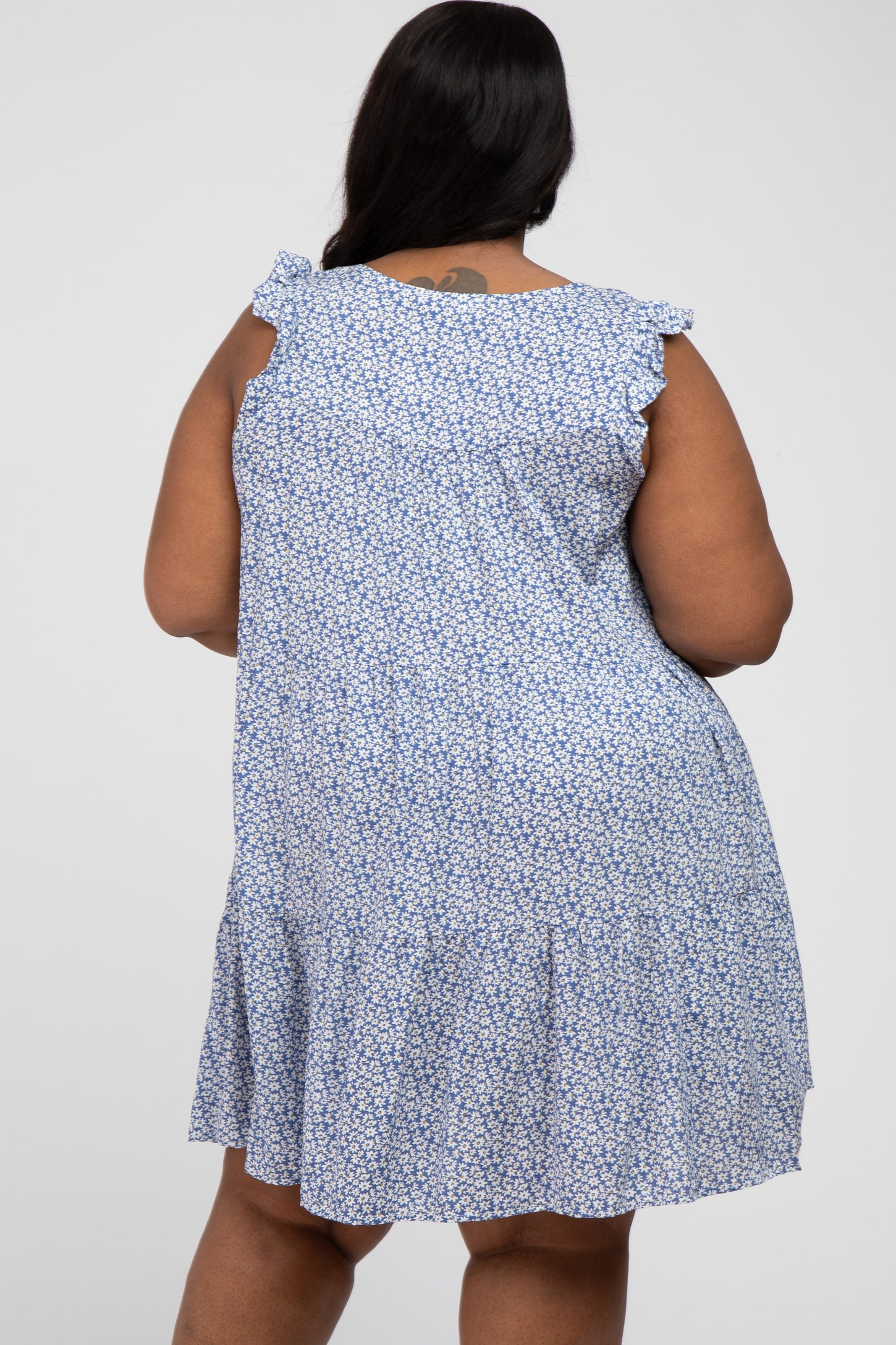 Blue Floral Button Front Tiered Plus Dress