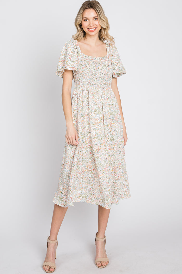 Cream Floral Smocked Square Neck Maternity Midi Dress