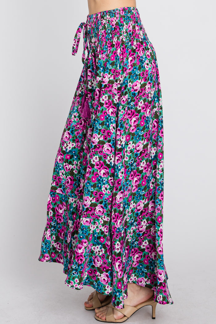 Fuchsia Floral Hi-Low Button Front Skirt
