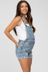 Blue Distressed Maternity Denim Short Overalls