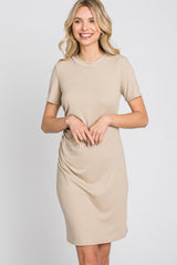 Beige Ribbed Ruched Side Fitted Short Sleeve Dress