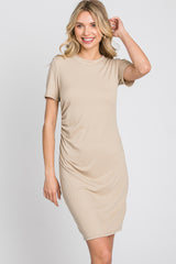 Beige Ribbed Ruched Side Fitted Short Sleeve Dress