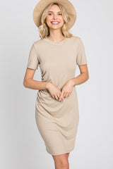 Beige Ribbed Ruched Side Fitted Short Sleeve Dress