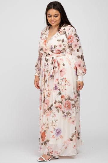 Cream Floral Chiffon Long Sleeve Pleated Maxi Dress