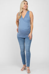 Blue Crossover Ruched Maternity Nursing Tank