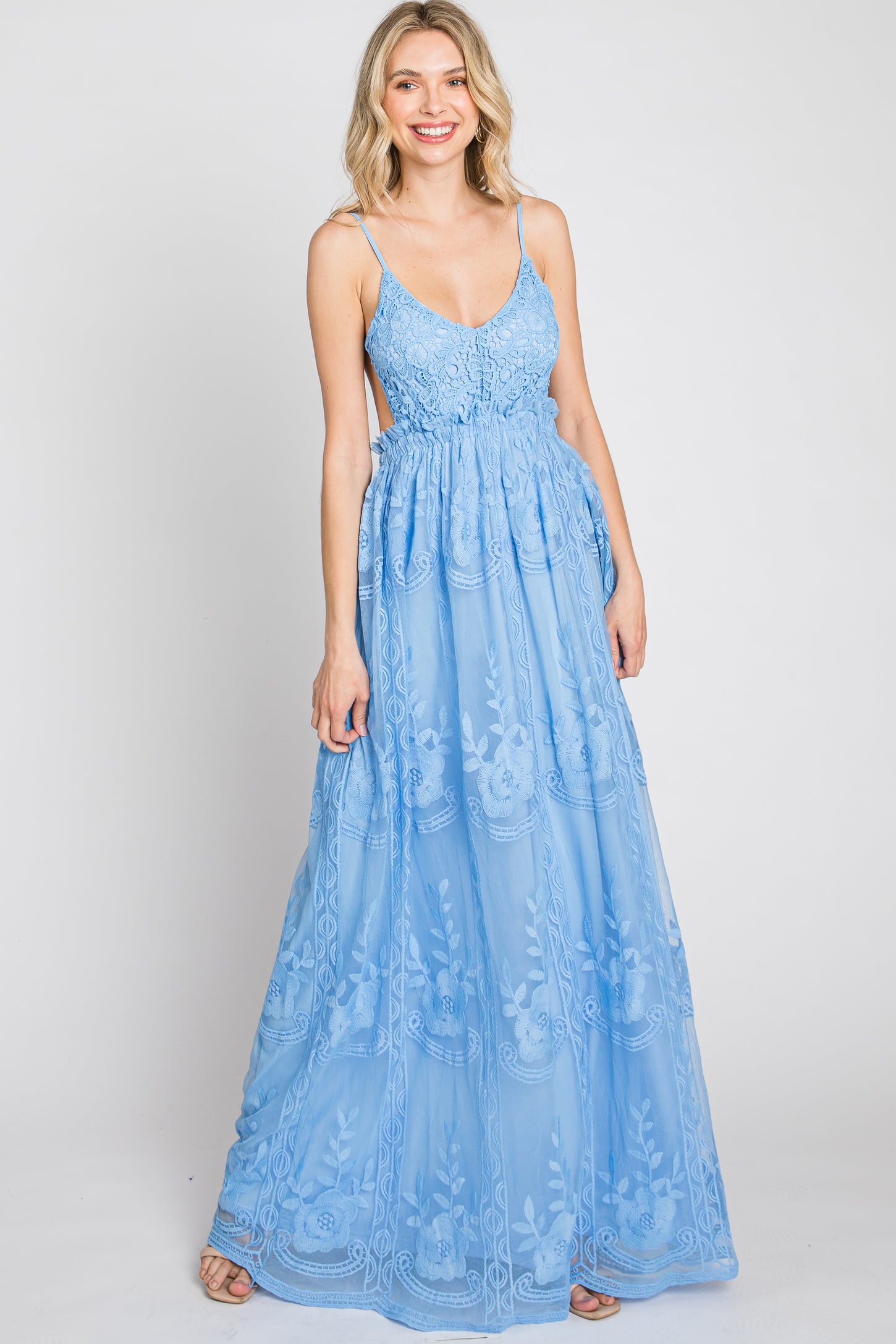 Blue Crochet Lace Open Back Maxi Dress