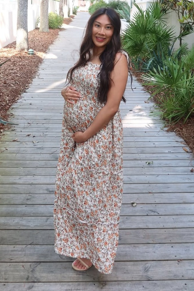 Beige Floral Sleeveless Tiered Maternity Maxi Dress