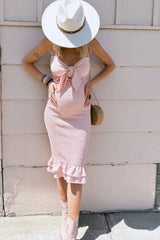 Mauve Gingham Print Smocked Fitted Self-Tie Maternity Midi Dress