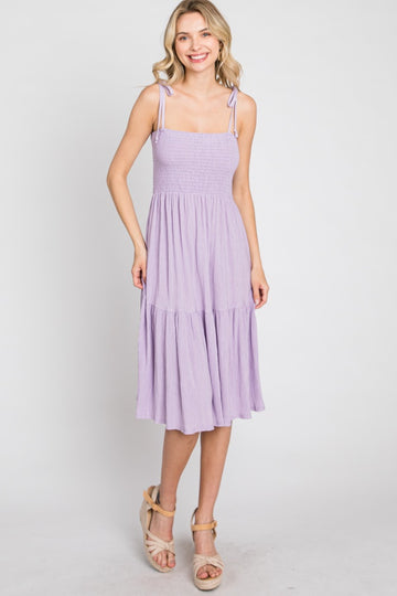Lavender Smocked Shoulder Tie Dress